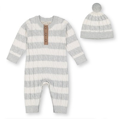 Hope & Henry Baby Sweater Henley Romper and Beanie Set