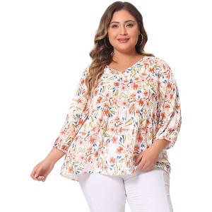Agnes Orinda Women's Plus Size V Neck Babydoll 3/4 Lantern Sleeve Casual Floral Flowy Blouses - 1 of 4