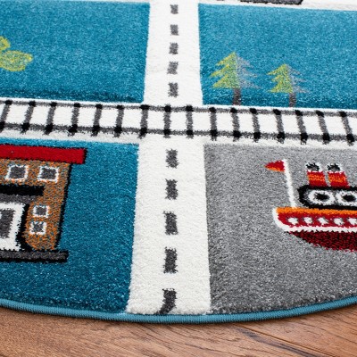 Turquoise and Ivory Round Kids Train Track Area Rug