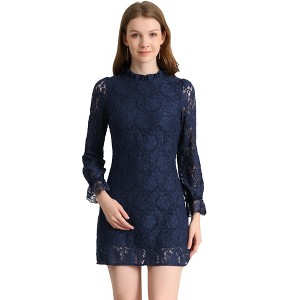 Allegra K Women's Elegant Ruffle Crew Neck Formal Elegant Mini Floral Lace Dress - 1 of 4