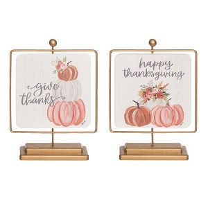 Transpac Metal Framed Floral Pumpkin Set of 2 Freestanding Tabletop Signs for Fall Harvest Decor Indoor Use - 1 of 1