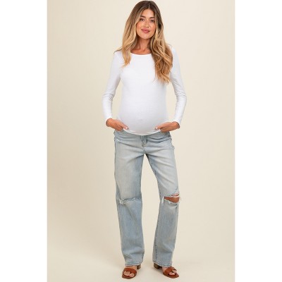 PinkBlush Light Blue Open Knee Relaxed Straight Leg Maternity Jeans