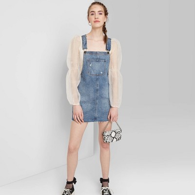 v neck denim pinafore dress