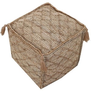 Moti Circe 18" Ottoman Square Comfort Fabric Pouf in Natural/Elegant Taupe with Tassels - 1 of 3