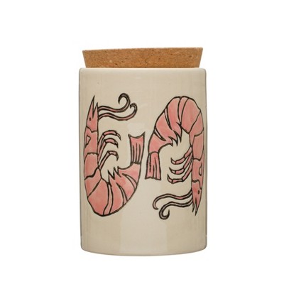 Storied Home Coastal Stoneware Jar with Embossed Prawns and Cork Lid, Multicolor