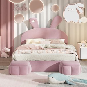 NicBex Twin/Full Size Upholstered Platform Bed with Cartoon Ears Shaped Headboard and  2 Storage Stools for Kids Teens Adults - 1 of 4