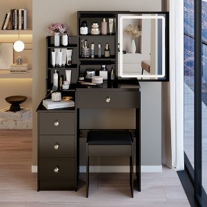 Makeup Vanity Desk with Mirror, Makeup Vanity Table with Stool, Dressing Table with Drawers & Open Storage Shelves for Bedroom Small Space - 1 of 4