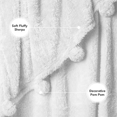 White Sherpa Fleece Throw Blanket with Pom Pom Fringe