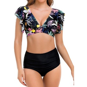 Women's V Neck Bikini Set Two Piece Ruffled Top Bathing Suits High Waisted Bikini Bottom U Back Swimwear - 1 of 4