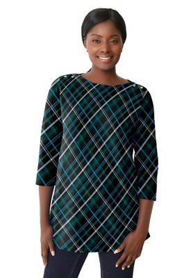 Jessica London Womens Plus Size Boatneck Tunic Emerald Green Plaid Target