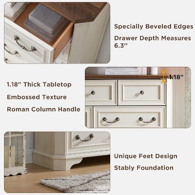 54" Antique White and Brown Farmhouse 7-Drawer Dresser
