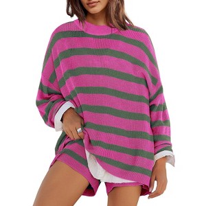 Womens Striped Sweater Set Oversized Lounge Sets Matching Pajamas Long Sleeve Sweater Top and Shorts - 1 of 3