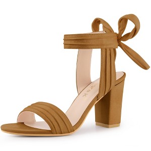Allegra K Women's Back to College Faux Suede Open Toe Ankle Tie Back Chunky Heel Sandals - 1 of 4