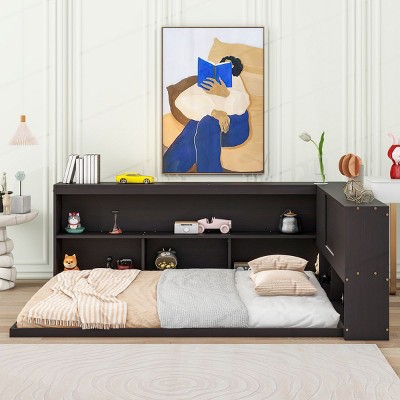 Tatami Bed Frame,Tatami Mat Platform Bed,Full Size Bed On Floor With L-Shaped Bookcases,Japanese Tatami Bed-Cuddlewood