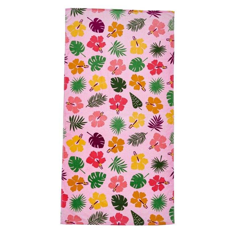 Cotton Vibrant Kids Quick Dry Beach Towel - Great Bay Home (30" x 60", Hibiscus Flowers and Leaves), 1 of 5