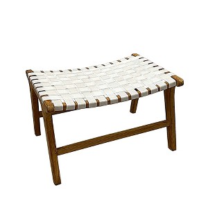 Essential Decor & Beyond Natural Teak Wooden Footrest Stool with White Handwoven Fabric Seat Indoor - 1 of 4