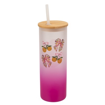 Elanze Designs 25 Ounce Frosted Glass Gradient Travel Tumbler With Straw and Wooden Lid, Citrus Pink