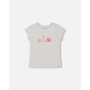 Deux par Deux Girl Flat Back Rib Top with Print White and Pink House - 1 of 4