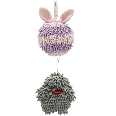 REGALWOVEN 2 Packs Fluffy Chenille Rabbit Shape Cute Soft Absorbent Hanging Ball Hand Towels 7" x 7"