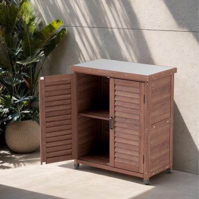 DOMETOUR Potting Bench with Storage Cabinet and Metal Table Top for Outdoor Patio, Garden Furniture Wood Workstation 31x17x36in