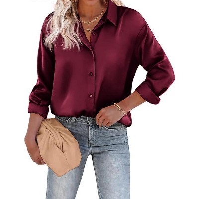 Zeagoo Women's Blouse Satin Silk Shirts Button Down Shirts Casual Loose Long Sleeve Office Work Tunic Tops