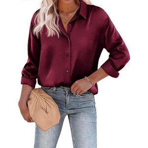 Zeagoo Women's Blouse Satin Silk Shirts Button Down Shirts Casual Loose Long Sleeve Office Work Tunic Tops - 1 of 4