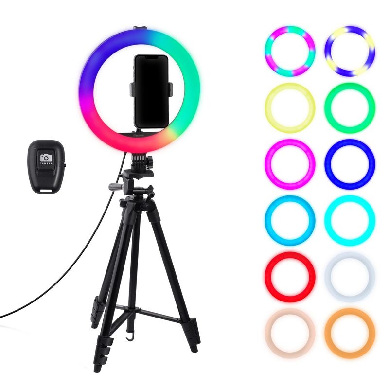 Insten 10'' Selfie Ring Light 53'' Tripod Stand Phone Holder, RGB Dimmable Lamp, 10 Brightness Level for Makeup Live Stream YouTube Video Tiktok, 1 of 10