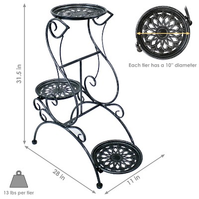 Victorian Dark Gray 3-Tier Steel Plant Stand with Scroll Design