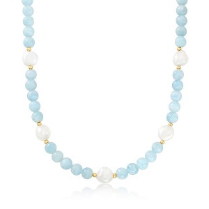 Ross-Simons 190.00 ct. t.w. Aquamarine Bead and 11-12mm Cultured Baroque Pearl Necklace With 14kt Yellow Gold Size 18 - 1 of 3