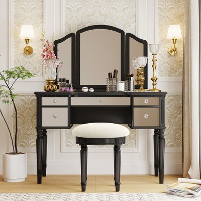 43" Solid Wood+MDF Dressing Table Set Makeup Vanity Set Silver Mirrored Glass Vanity Desk Set With Mirror For Bedroom, black
