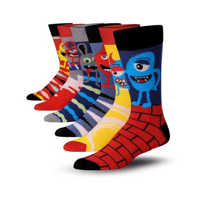 JAMES FIALLO Mens 6-Pairs Colorful Cartoons Zigzags Stripes Bricks & Monsters Colorful Patterned Crew Dress Socks