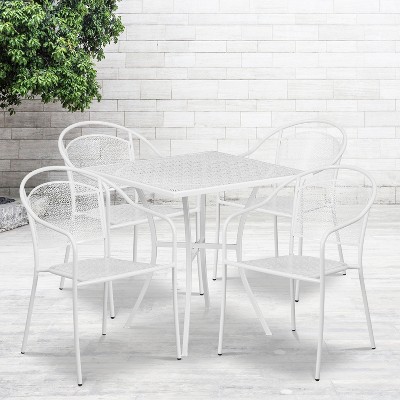 White 28" Square Steel Patio Table Set with 4 Round Back Chairs