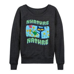 Women's - Pete the Cat - Nurture Nature Lightweight French Terry Wide Neck Long Sleeve Shirt - 1 of 4