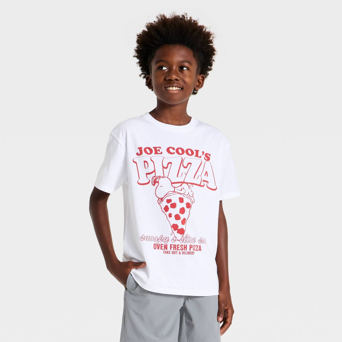 Boys' Peanuts Snoopy Joe Cool's Pizza Short Sleeve Graphic T-Shirt - White