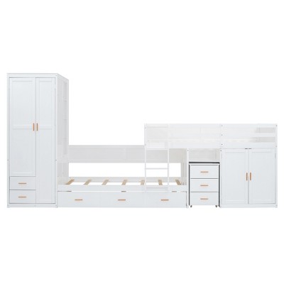 CLIHOME Twin Wooden Bunk Bed with Trundle, Cabinet, Wardrobe, Desk and Drawers