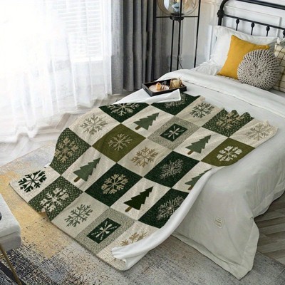 Green & White Checkered Christmas Tree & Snowflake Flannel Blanket - Soft Warm All-Season, Sofa, Camping, Travel - Cozy Bedding Accessory