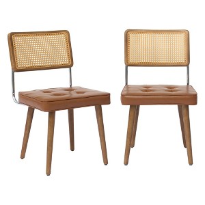 Set of 1 Mid Century Modern Dining Chair with Handwoven Rattan Cane Back, Velvet Green Upholstered Seat, Rubberwood Legs, Brown - 1 of 4