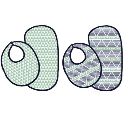 Bacati - Emma Mint/Navy Triangles Muslin 4 pc set of Bibs & Burp Cloths Set