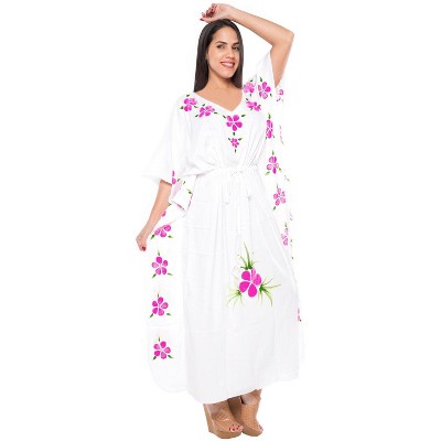 LA LEELA Women's House Daily Routine Evening Wear Vacation Holiday Casual Loungewear Oversize Caftan Maxi Boho Nightwear for Women 2X-3X White, Leaf