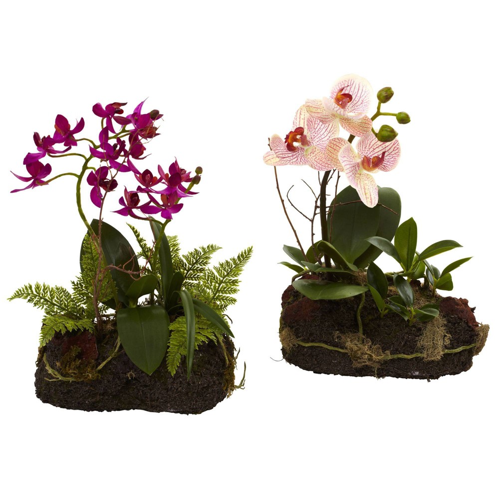 Photos - Garden & Outdoor Decoration 10" x 7" 2pc Artificial Orchid Island Set White/Purple - Nearly Natural