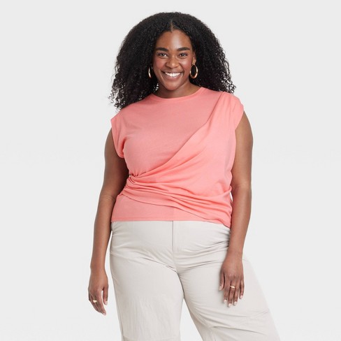 Women's Slim Fit Drape Wrap T-shirt - A New Day™ Pink 1x : Target