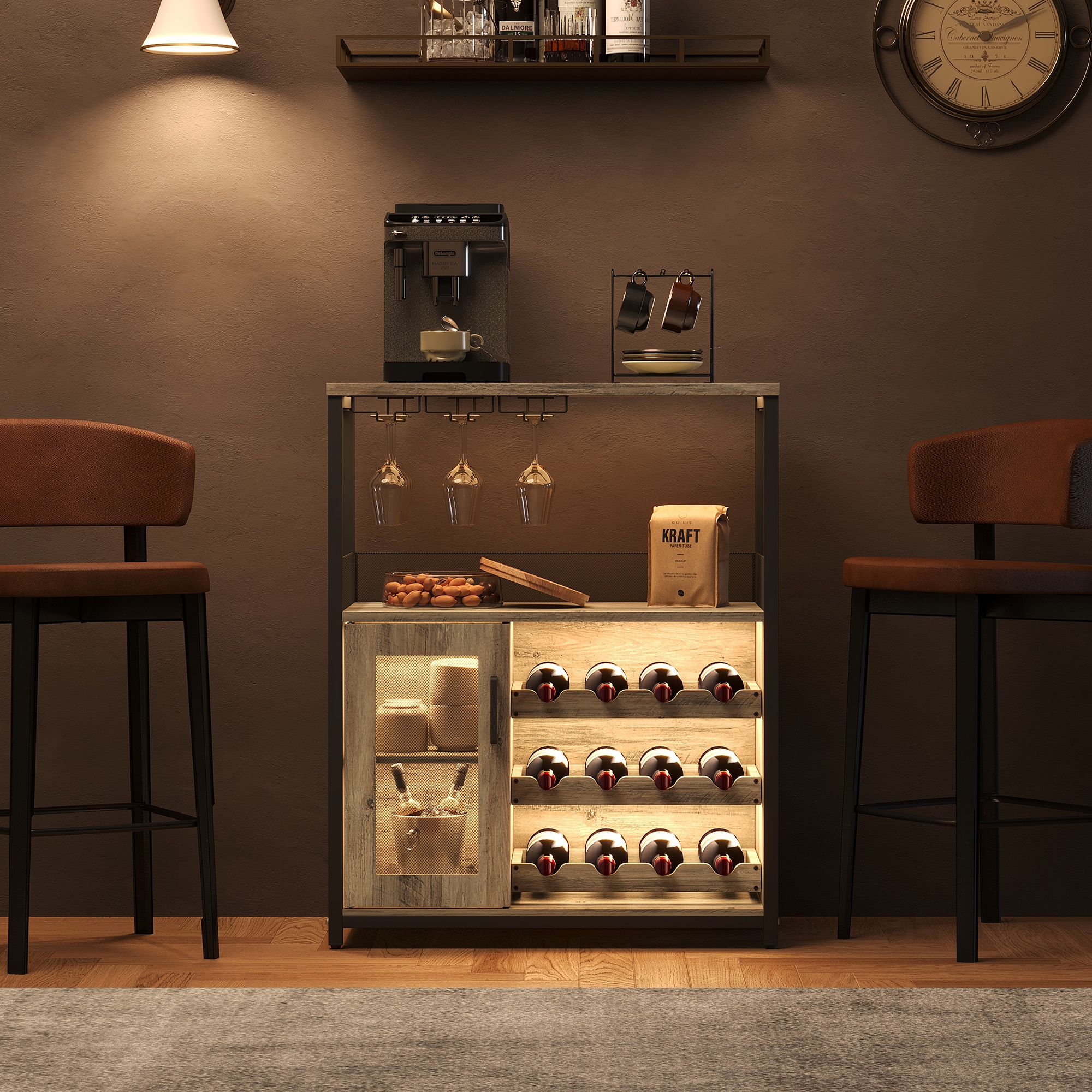 Farmhouse Wine Bar Cabinet With Lights Detachable Wine Rack and Storage Cabinet Kitchen Buffet Cabinet With Glass Holder and Buffet Sideboard Grey