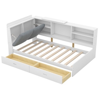 YNXARIA White Twin - Sized Wooden Bed Frame: Storage Headboard, 2 Drawers Included