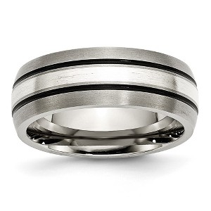 Black Bow Jewelry 8mm Titanium & Sterling Silver Inlay Antiqued/Brushed Grooved Band - 1 of 4