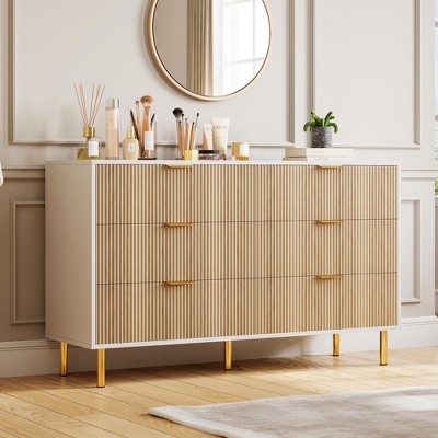 Modern 6-Drawer Dresser for Bedroom – Black Wood Double Chest with Gold Handles and Large Drawers