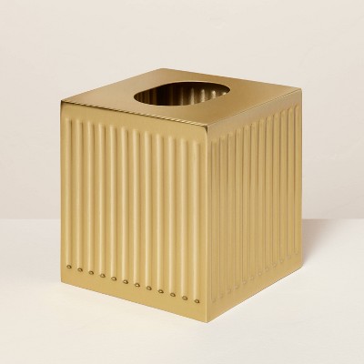 Gold Metal Round Waste Basket Liner & Tissue Box Holder Set