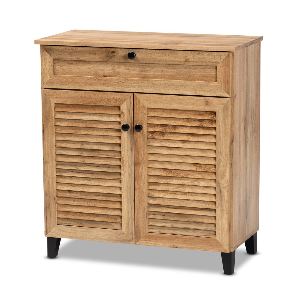 Photos - Wardrobe Coolidge Wood 1 Drawer Storage Cabinet Oak Brown - Baxton Studio: Slatted