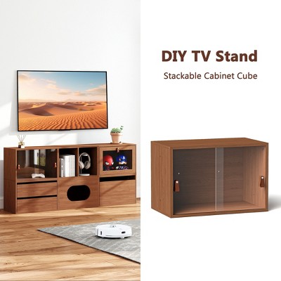Skyzoo DIY TV Stand for TVs 35-80 inches, Multi-functional Storage Cabinet Cube for Living Room,Mid-Century Modern,Walnut