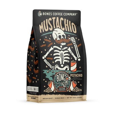 Bones Coffee Company Mustachio Whole Coffee Beans Pistachio Flavor 12 oz Medium Roast (Whole Bean)
