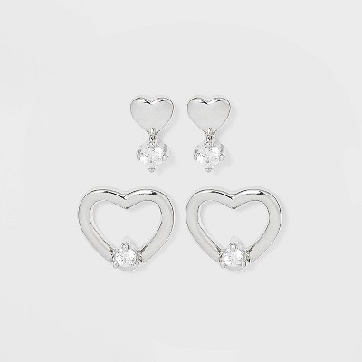 Sterling Silver Cubic Zirconia Heart and Open Heart Stud Earrings - A New Day™